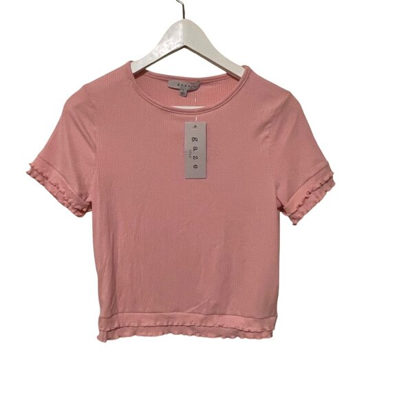 NWT Gaze Womens Pink Ribbed Ruffle Trim Short-Sleeve Crop Top Small #E-7-2-100 - Picture 1 of 6